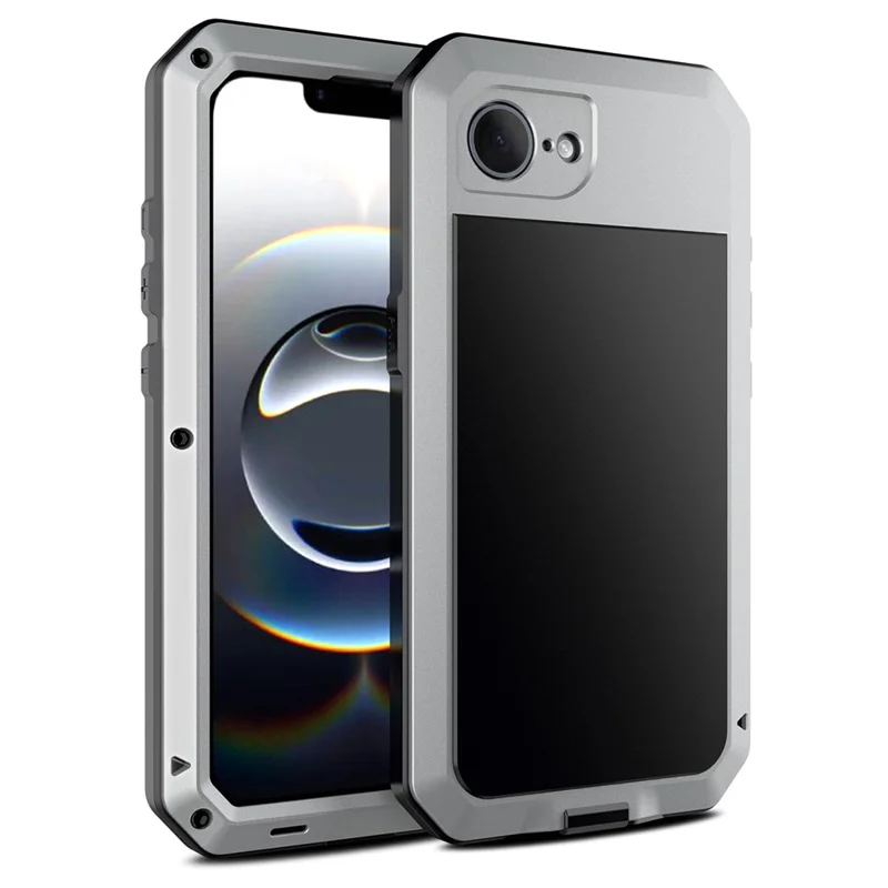 For iPhone 17e / 16e Case Silicone + Metal Anti-Drop Phone Cover with Tempered Glass Film - Silver