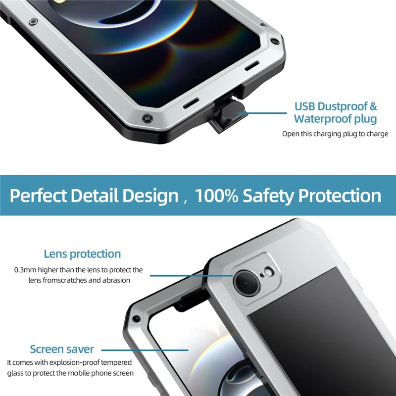 For iPhone 17e / 16e Case Silicone + Metal Anti-Drop Phone Cover with Tempered Glass Film - Silver