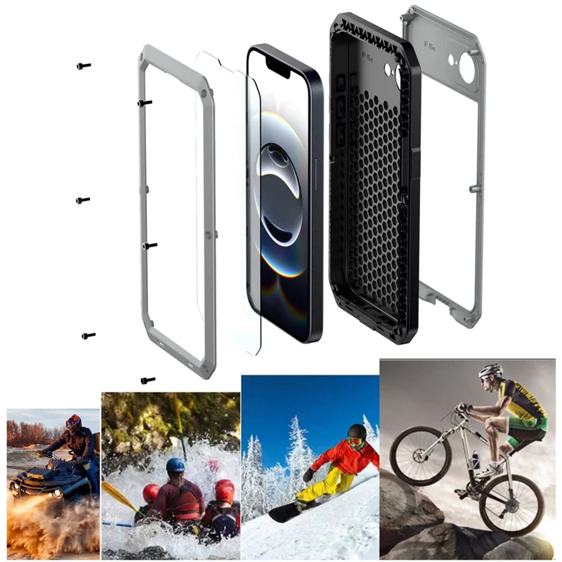 For iPhone 17e / 16e Case Silicone + Metal Anti-Drop Phone Cover with Tempered Glass Film - Silver