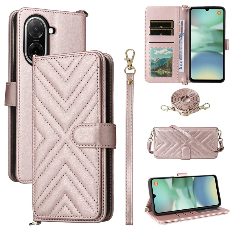 For Xiaomi Poco C71 4G / Redmi A5 4G (171.7mm) Wallet Case with Shoulder / Wrist Strap Leather Phone Cover Stand - Pink
