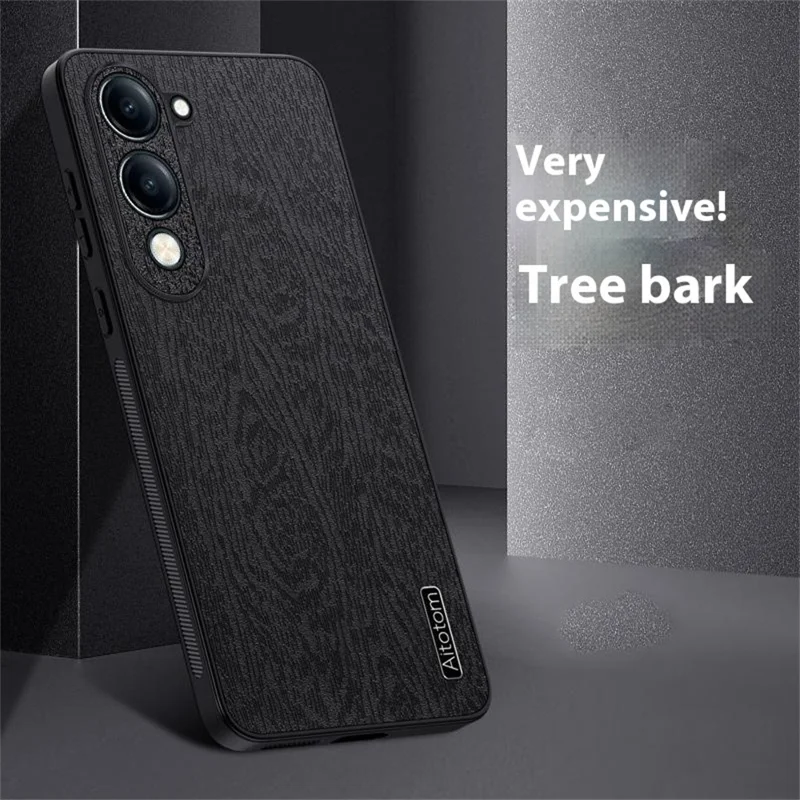 For vivo Y04 4G Case Wood Texture PU Leather Coated PC TPU Phone Cover - Brown