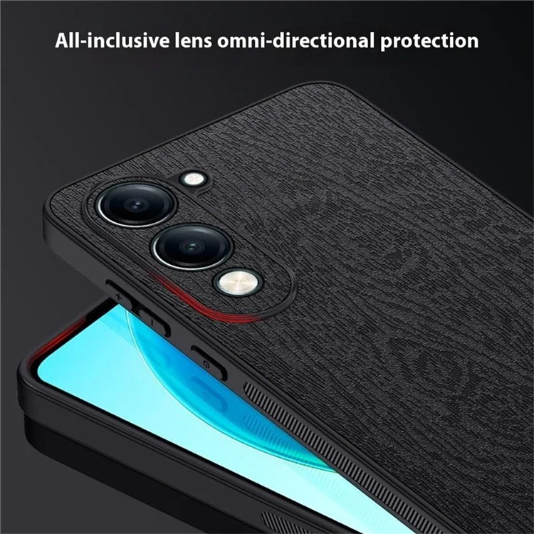 Funda para vivo Y29s 5G con Textura de Madera, Cuero PU Revestido, Carcasa de PC y TPU - Negro