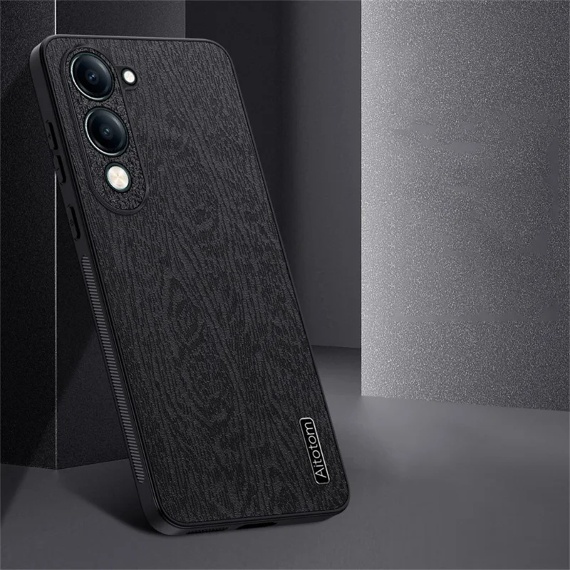 Funda para vivo Y29s 5G con Textura de Madera, Cuero PU Revestido, Carcasa de PC y TPU - Negro