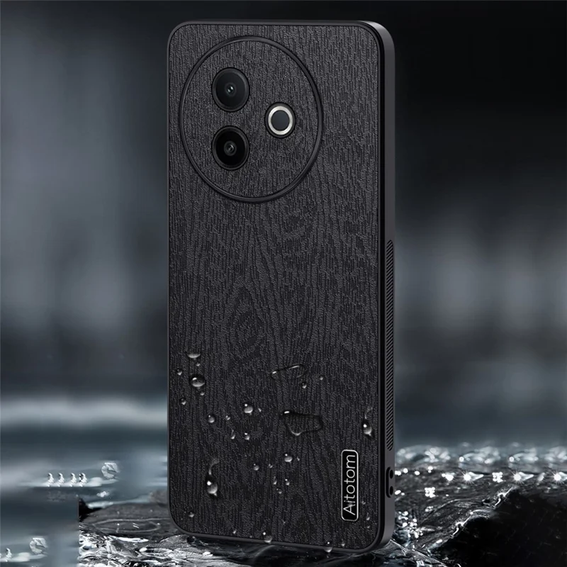 For vivo Y39 5G Case Wood Texture PU Leather Coated PC TPU Phone Cover - Black