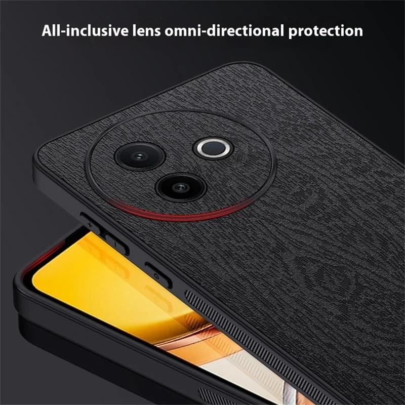 For vivo Y39 5G Case Wood Texture PU Leather Coated PC TPU Phone Cover - Black