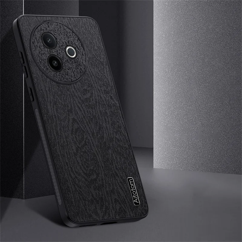 For vivo Y39 5G Case Wood Texture PU Leather Coated PC TPU Phone Cover - Black