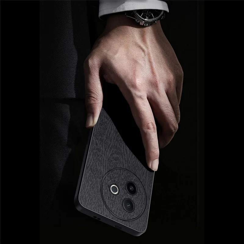 For vivo Y300i 5G Case Wood Texture PU Leather Coated PC TPU Phone Cover - Black