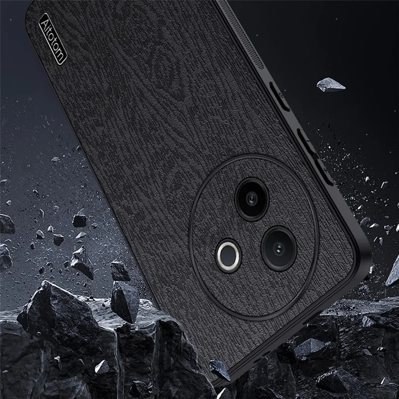 For vivo Y300i 5G Case Wood Texture PU Leather Coated PC TPU Phone Cover - Black