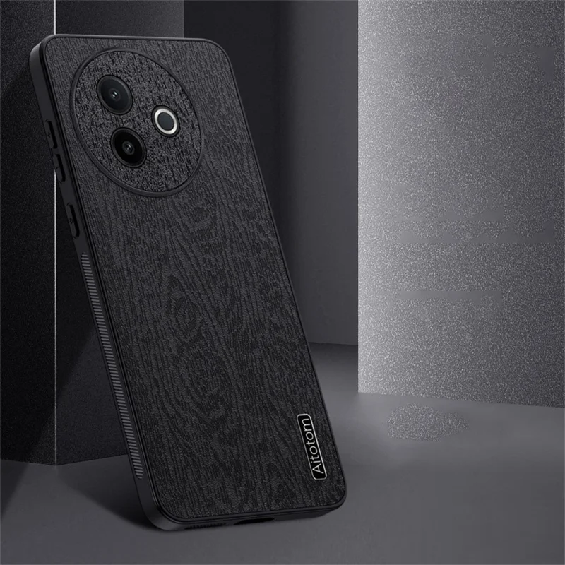 For vivo Y300i 5G Case Wood Texture PU Leather Coated PC TPU Phone Cover - Black