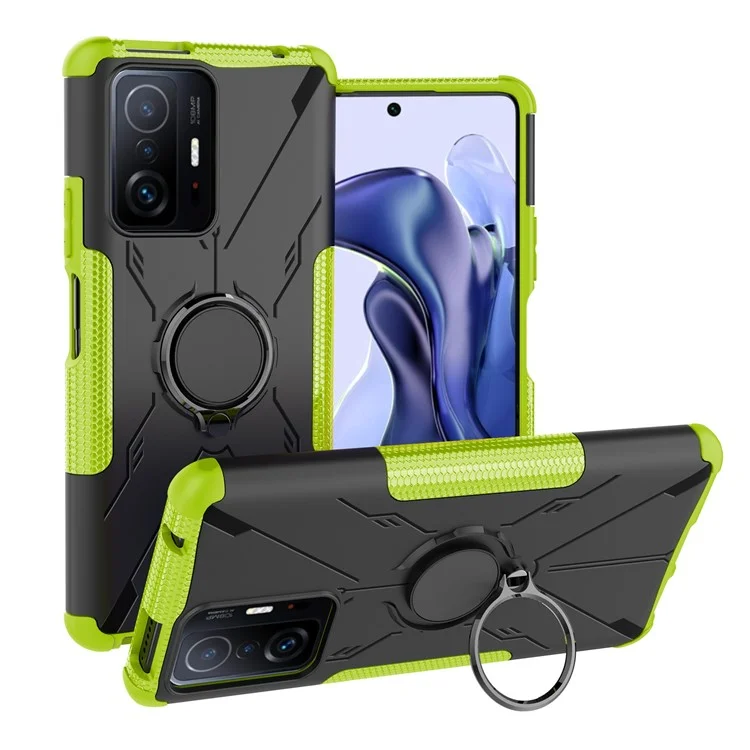 For Xiaomi 11T Pro 5G / 11T 5G PC + TPU Anti-scratch Anti-drop Cover Adjustable Ring Kickstand Phone Back Case - Green