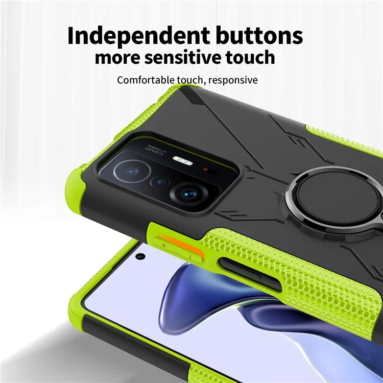 For Xiaomi 11T Pro 5G / 11T 5G PC + TPU Anti-scratch Anti-drop Cover Adjustable Ring Kickstand Phone Back Case - Green