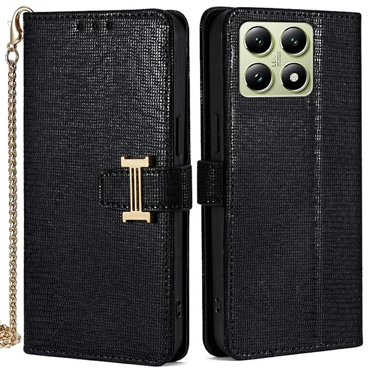 Capa de Carteira para Xiaomi 14T com Lantejoulas, Couro e Alça Transversal - Preto
