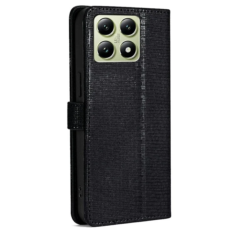 Capa de Carteira para Xiaomi 14T com Lantejoulas, Couro e Alça Transversal - Preto