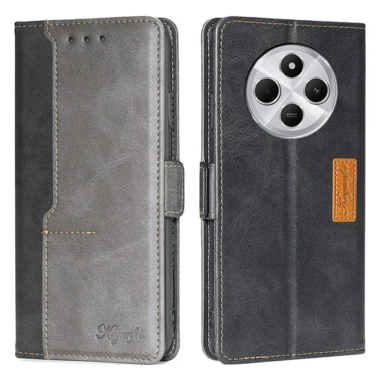 Capa de Celular Para Xiaomi Redmi 14C 4G / 14R 5G / A4 5G / Poco C75 4G Carteira de Cores em Contraste em Couro - Preto + Cinza