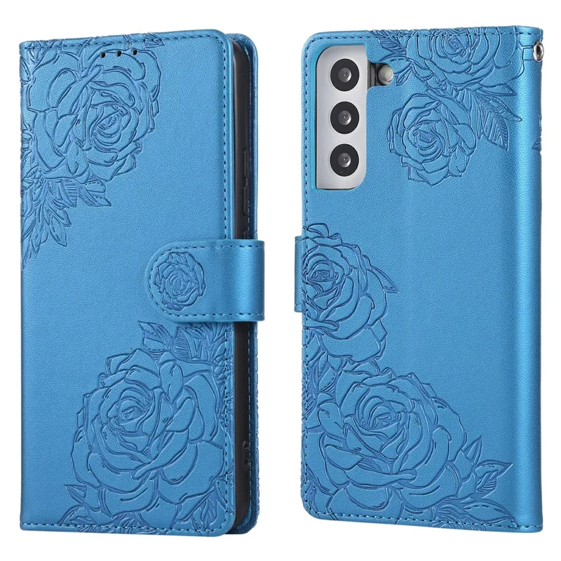 For Samsung Galaxy S22+ 5G Case Rose Flower PU Leather Wallet Phone Cover with 3 Card Slots - Blue
