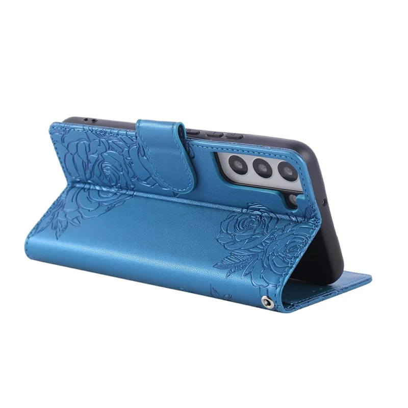 For Samsung Galaxy S22+ 5G Case Rose Flower PU Leather Wallet Phone Cover with 3 Card Slots - Blue