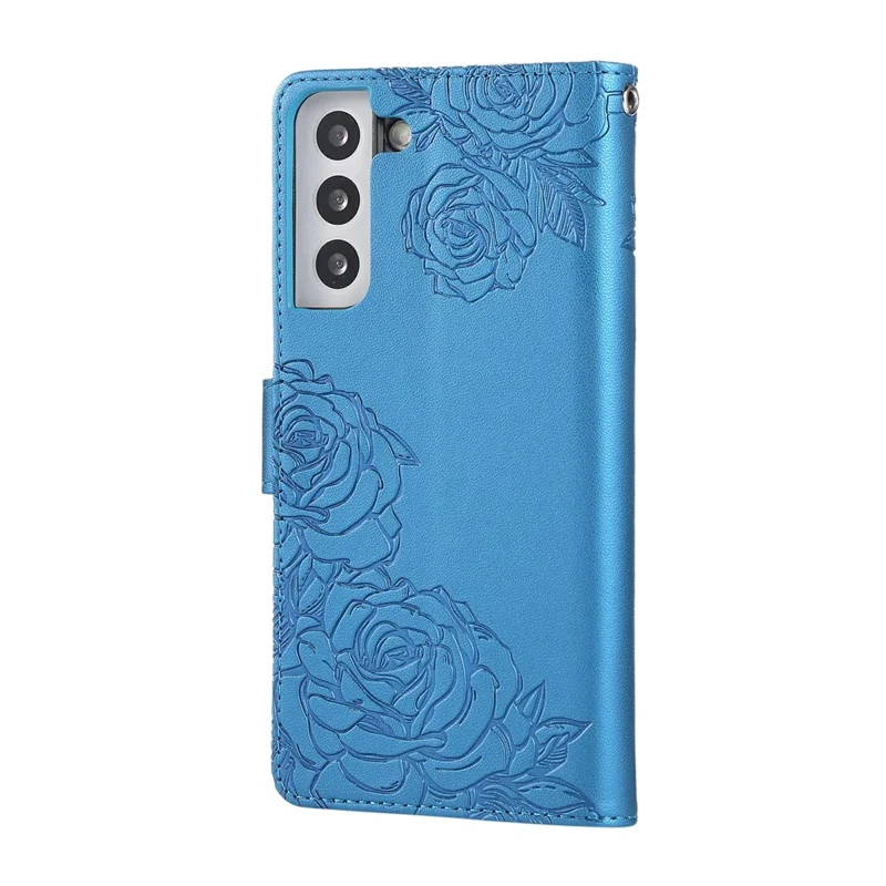 For Samsung Galaxy S22+ 5G Case Rose Flower PU Leather Wallet Phone Cover with 3 Card Slots - Blue