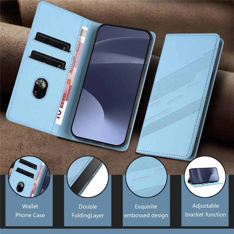 Voor iPhone 16e Hoes Punk Style  Gedrukt Portemonnee Stand Folio Flip Leren Cover - Babyblauw