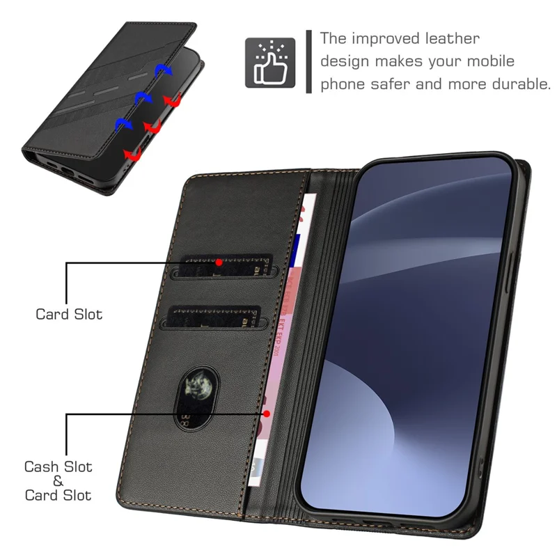 Чехол для iPhone 16e 009 в стиле Панк с рисунком, кошелек-подставка, складной кожаный чехол-книжка - Черный