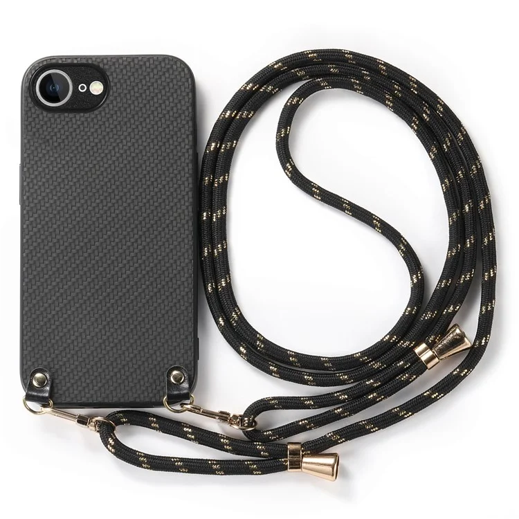 Чехол для iPhone 16e с текстурой углеродного волокна PU + PC + TPU противоударный, с ремешком через плечо - Черный