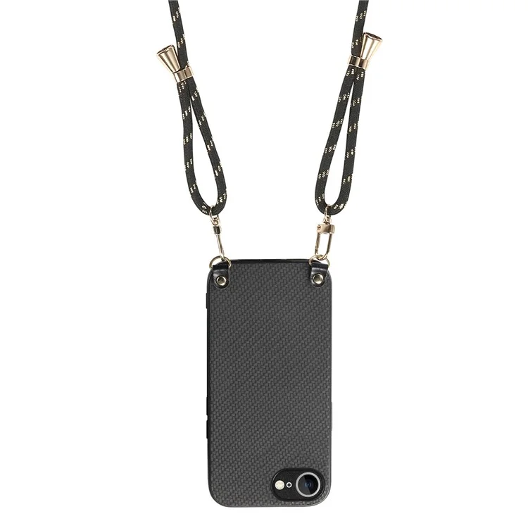 Чехол для iPhone 16e с текстурой углеродного волокна PU + PC + TPU противоударный, с ремешком через плечо - Черный