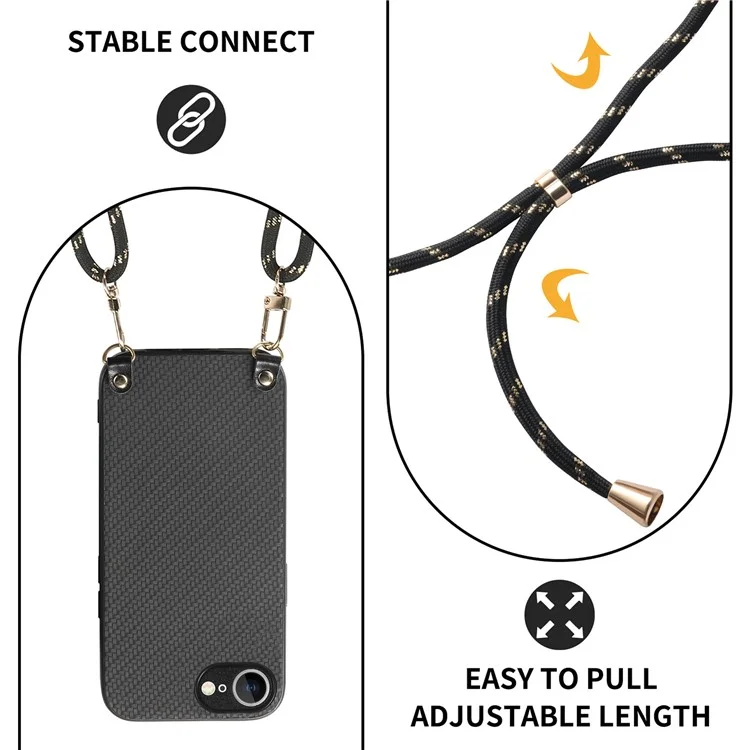 Чехол для iPhone 16e с текстурой углеродного волокна PU + PC + TPU противоударный, с ремешком через плечо - Черный
