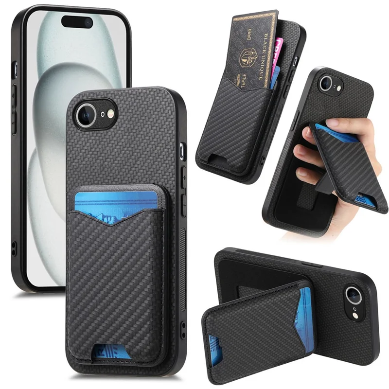 For iPhone 16e Case Card Holder Kickstand Carbon Fiber Texture Back Cover - Black