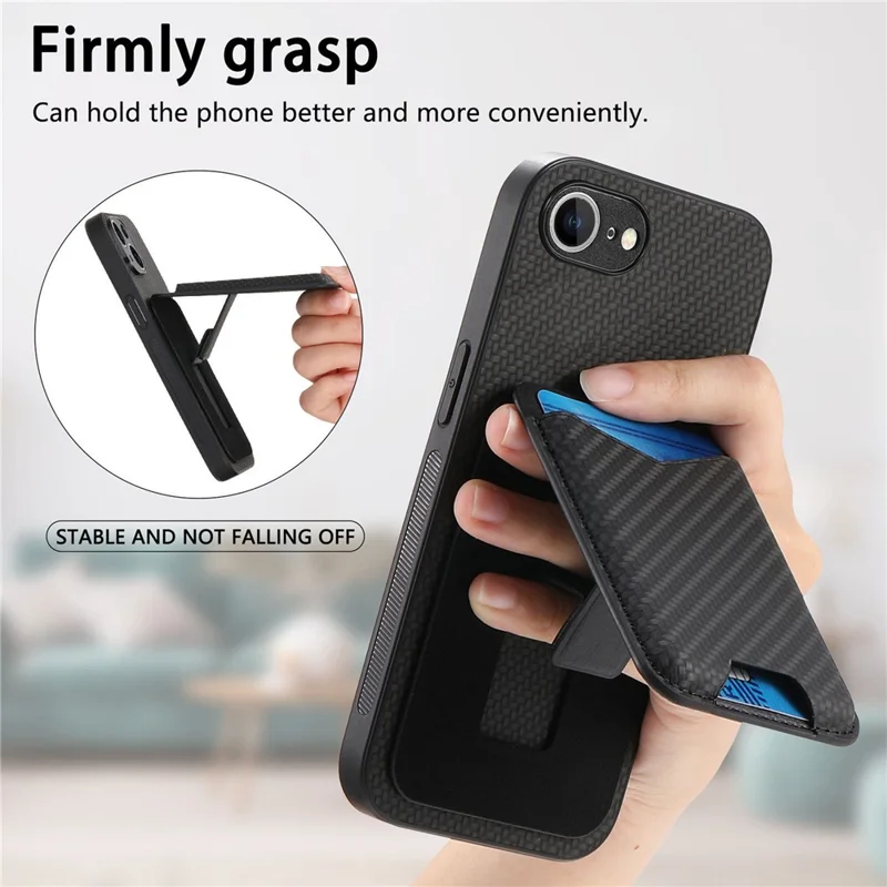 For iPhone 16e Case Card Holder Kickstand Carbon Fiber Texture Back Cover - Black