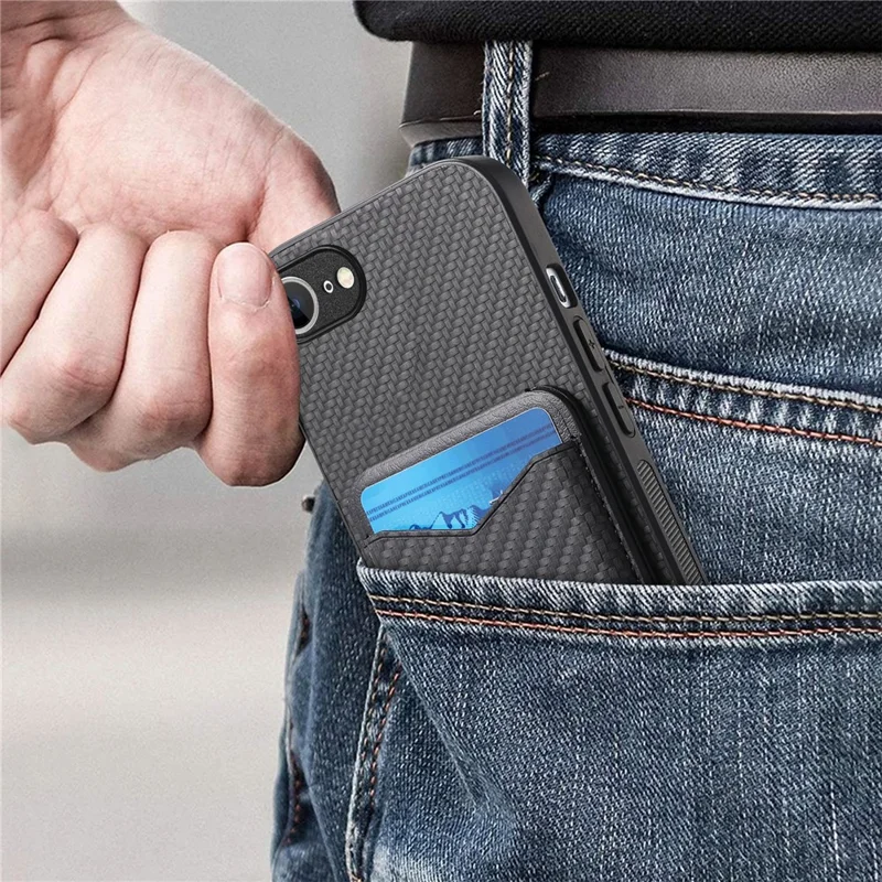 For iPhone 16e Case Card Holder Kickstand Carbon Fiber Texture Back Cover - Black