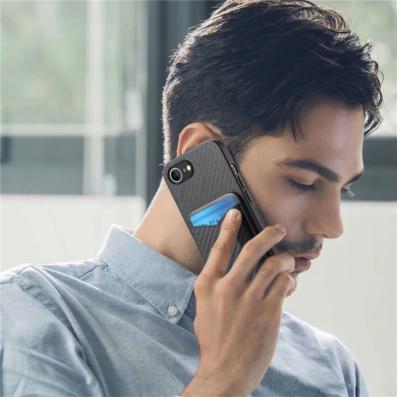 For iPhone 16e Case Card Holder Kickstand Carbon Fiber Texture Back Cover - Black