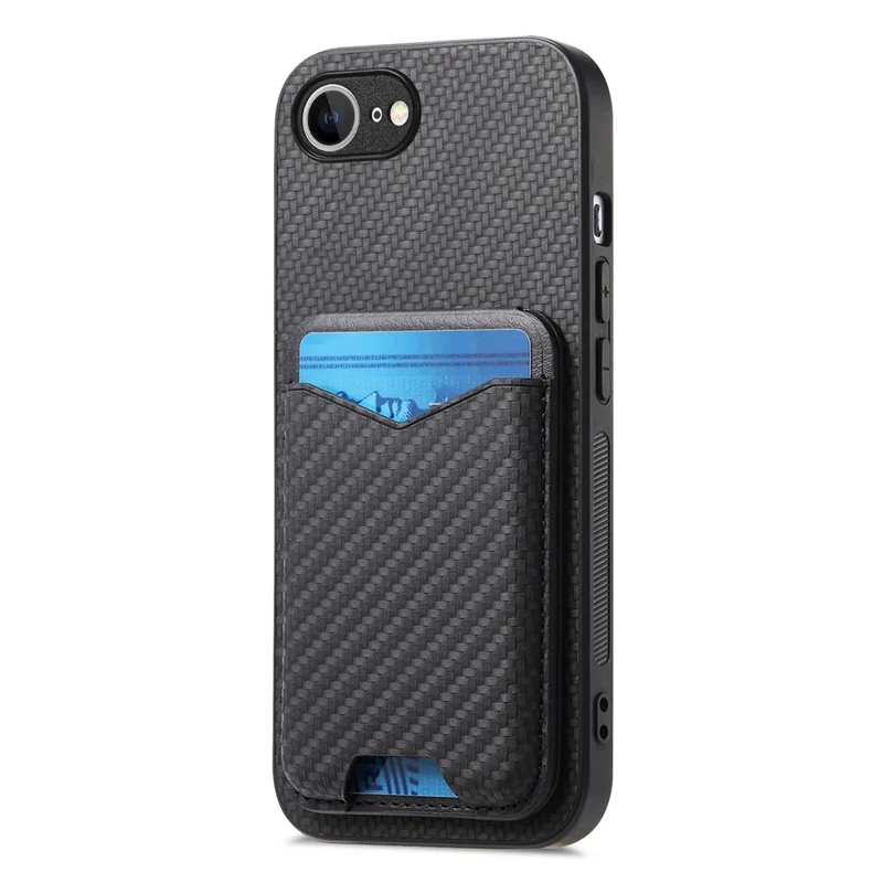 For iPhone 16e Case Card Holder Kickstand Carbon Fiber Texture Back Cover - Black