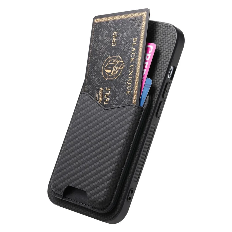 For iPhone 16e Case Card Holder Kickstand Carbon Fiber Texture Back Cover - Black