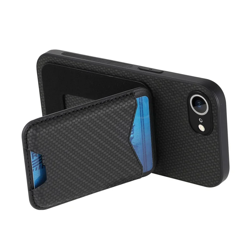 For iPhone 16e Case Card Holder Kickstand Carbon Fiber Texture Back Cover - Black