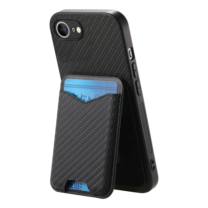 For iPhone 16e Case Card Holder Kickstand Carbon Fiber Texture Back Cover - Black