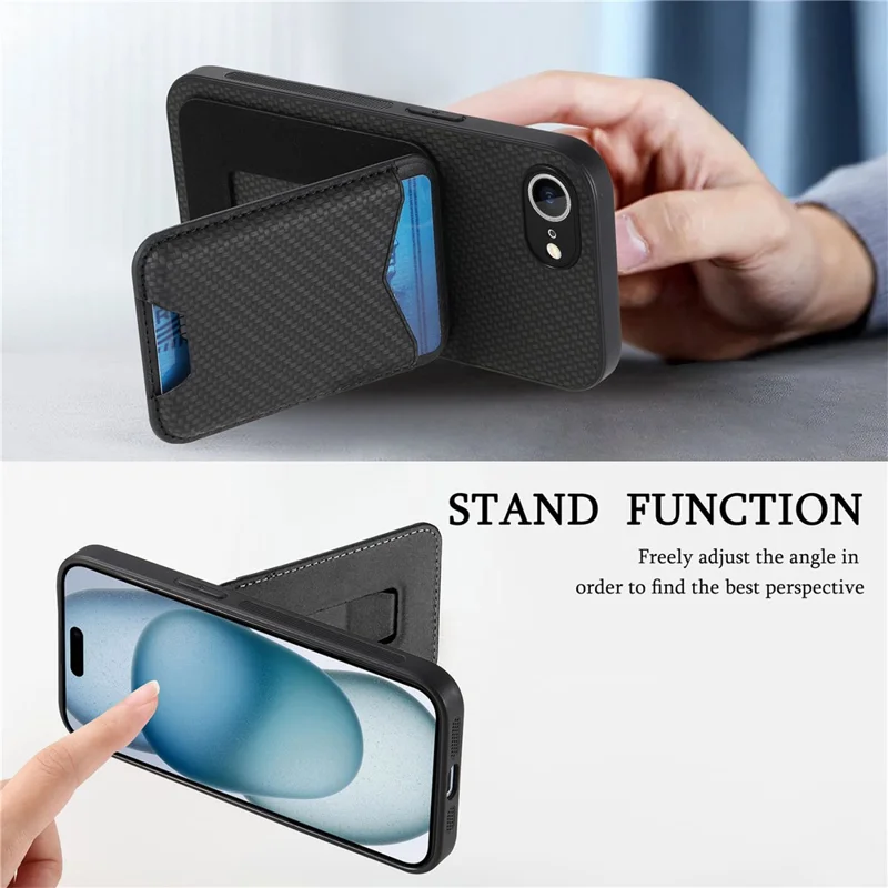 For iPhone 16e Case Card Holder Kickstand Carbon Fiber Texture Back Cover - Black