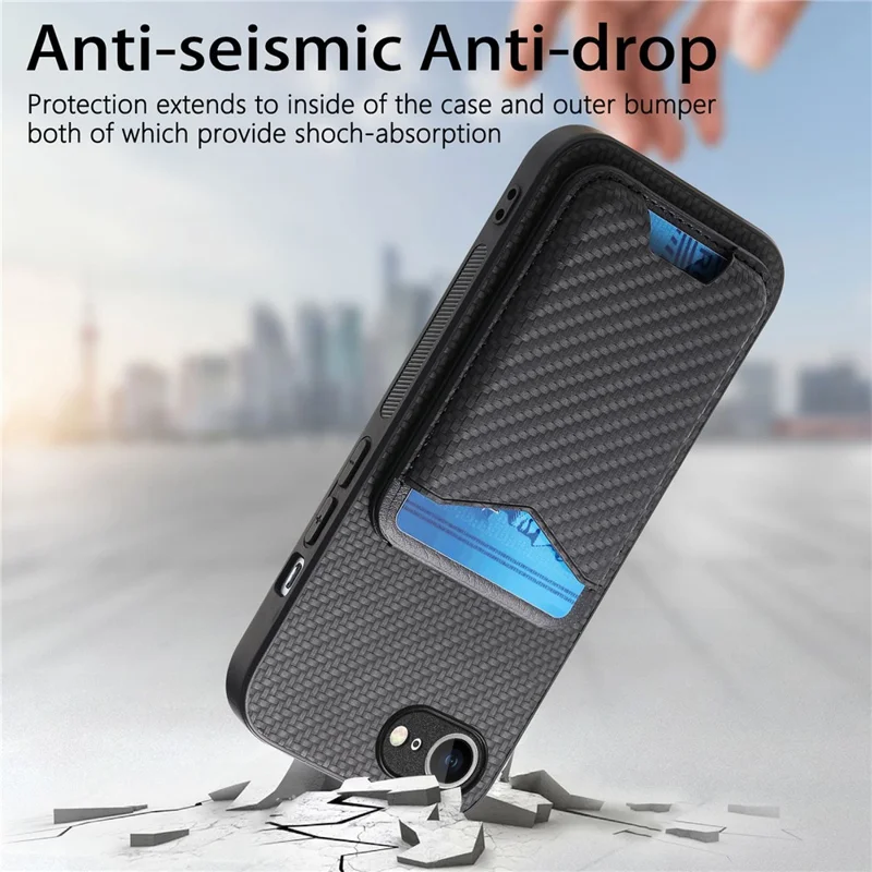 For iPhone 16e Case Card Holder Kickstand Carbon Fiber Texture Back Cover - Black