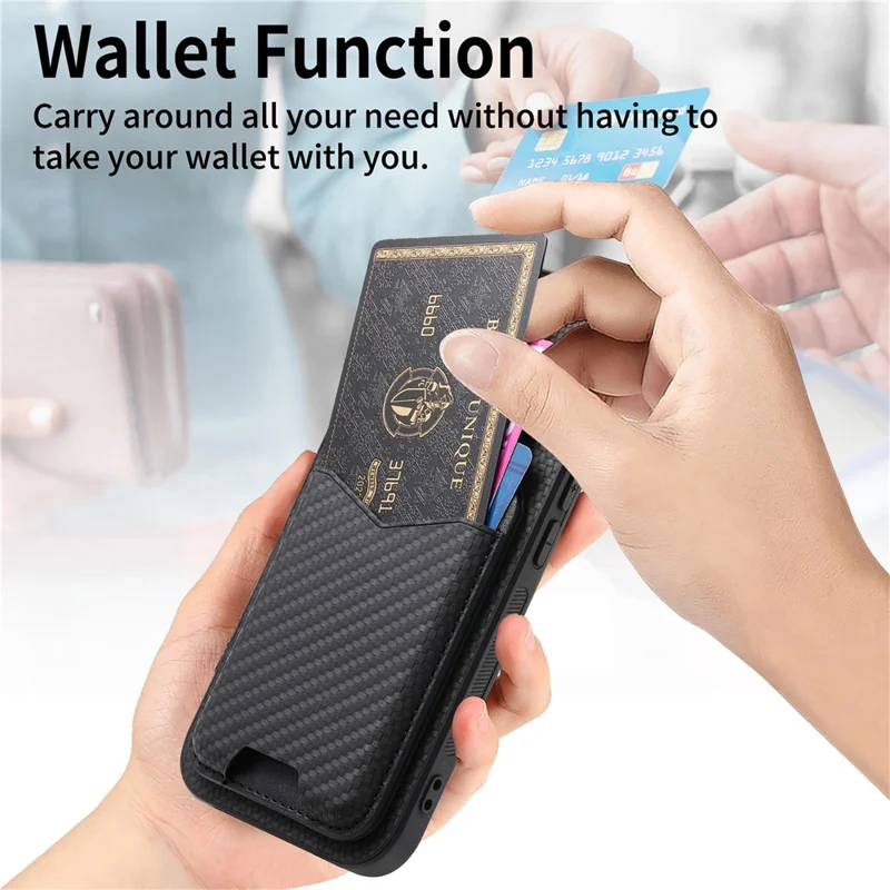 For iPhone 16e Case Card Holder Kickstand Carbon Fiber Texture Back Cover - Black