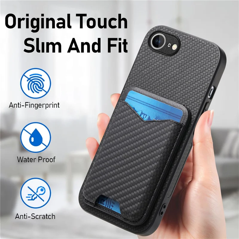 For iPhone 16e Case Card Holder Kickstand Carbon Fiber Texture Back Cover - Black