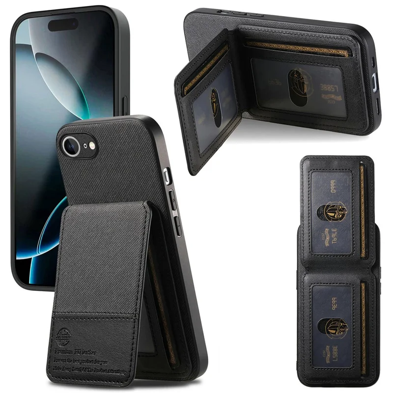 For iPhone 16e Case Cloth Texture Leather + PC + TPU RFID Blocking Phone Cover with Card Holder - Black