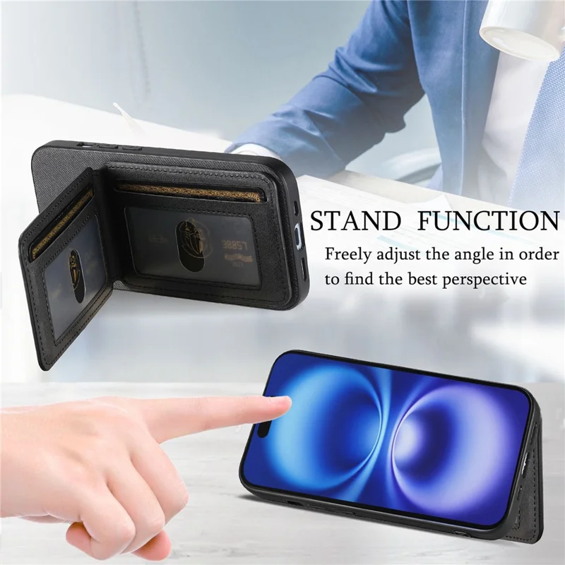 For iPhone 16e Case Cloth Texture Leather + PC + TPU RFID Blocking Phone Cover with Card Holder - Black