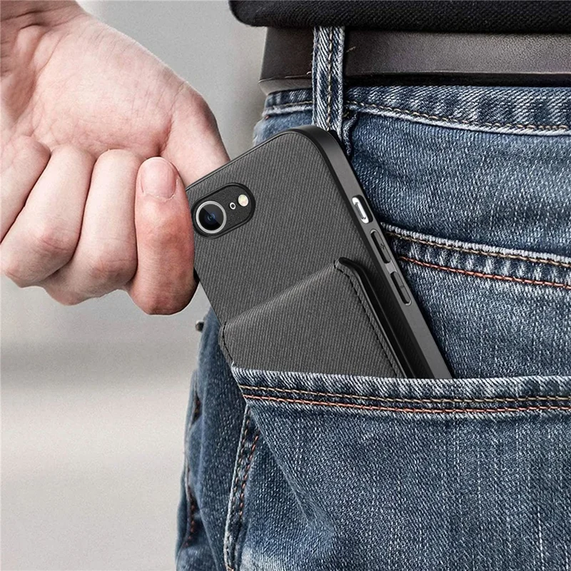 For iPhone 16e Case Cloth Texture Leather + PC + TPU RFID Blocking Phone Cover with Card Holder - Black