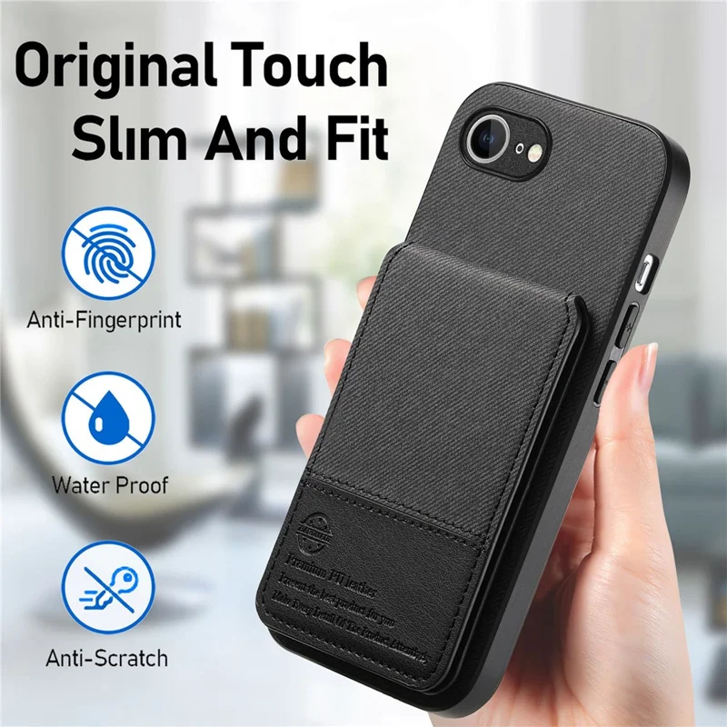 For iPhone 16e Case Cloth Texture Leather + PC + TPU RFID Blocking Phone Cover with Card Holder - Black