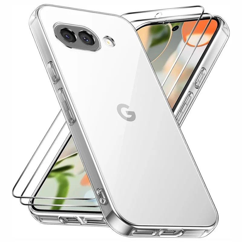 For Google Pixel 9a Case TPU Clear Phone Cover + 2PCS Tempered Glass Screen Film 2.5D Arc Edge