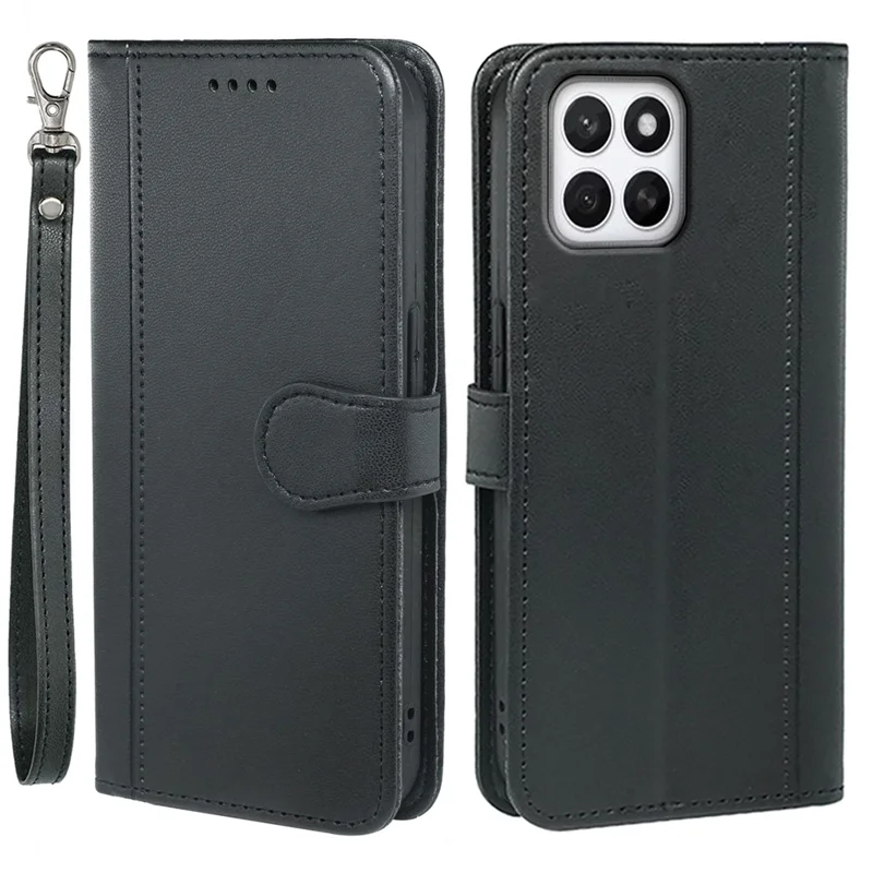 For Honor X8c 4G Wallet Case Magnetic Snap Leather Phone Cover with Strap - Black