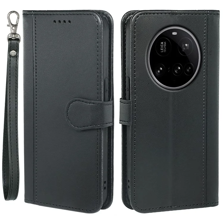 Чехол-кошелек для Xiaomi 15 Ultra с магнитной застежкой, кожаный, с ремешком - Черный