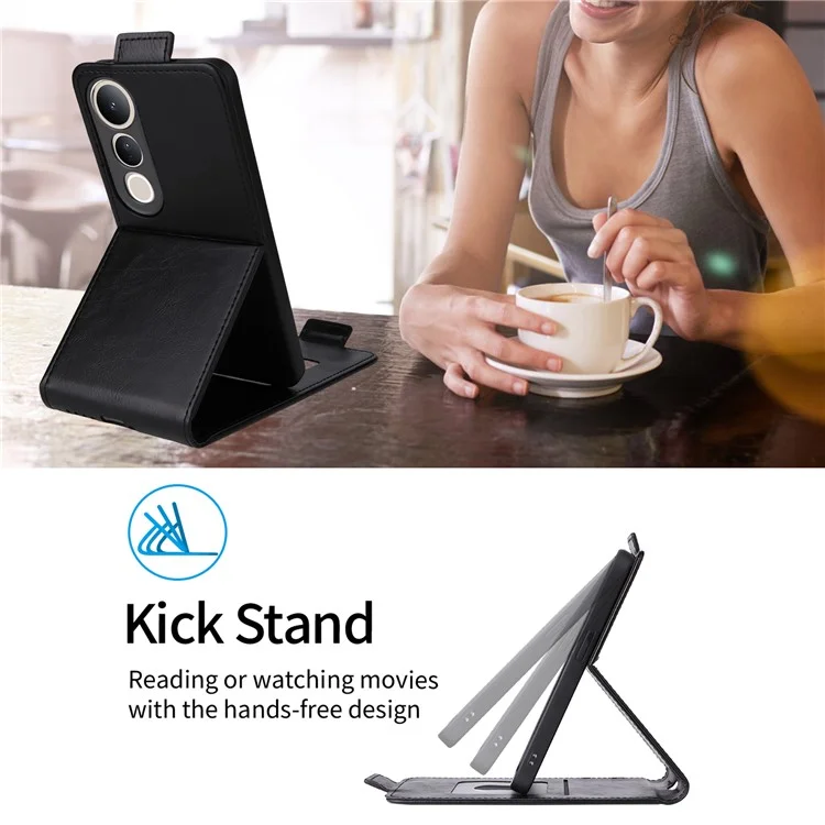 For vivo V50 Lite 5G Stand Case Magnetic Clasp Vertical Flip Leather Phone Cover with Card Holder - Black