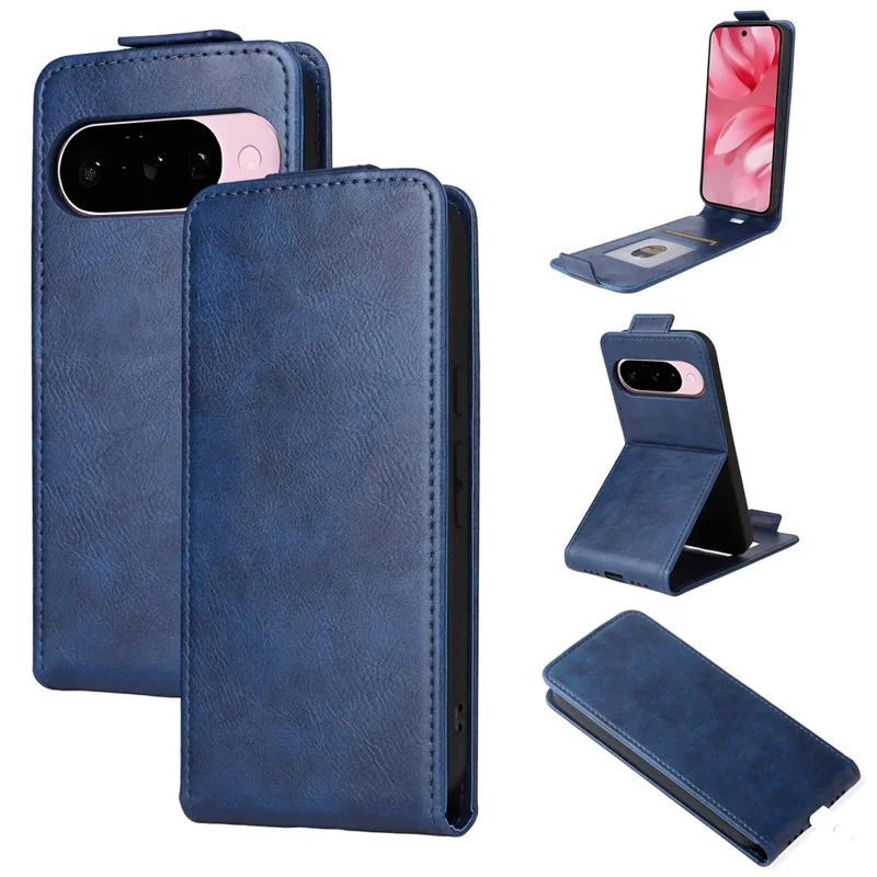 Étui à rabat vertical avec fermoir magnétique pour Google Pixel 10 Pro / Pixel 10, en cuir, avec porte-cartes - Bleu foncé