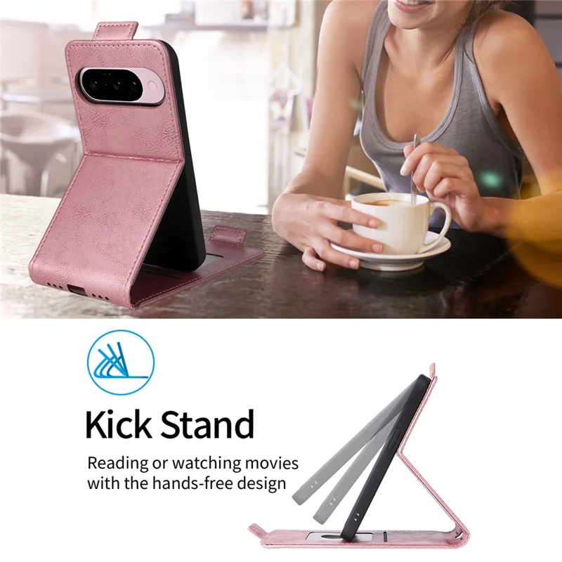 For Google Pixel 10 Pro XL Stand Case Magnetic Clasp Vertical Flip Leather Phone Cover with Card Holder - Rose Gold