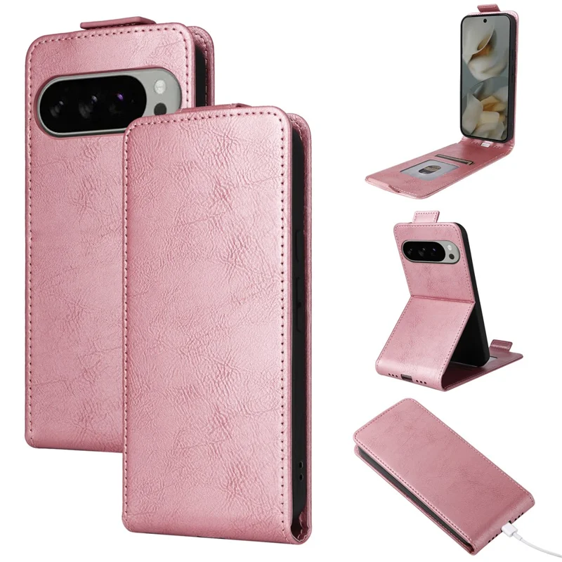 For Google Pixel 10 Pro XL Stand Case Magnetic Clasp Vertical Flip Leather Phone Cover with Card Holder - Rose Gold