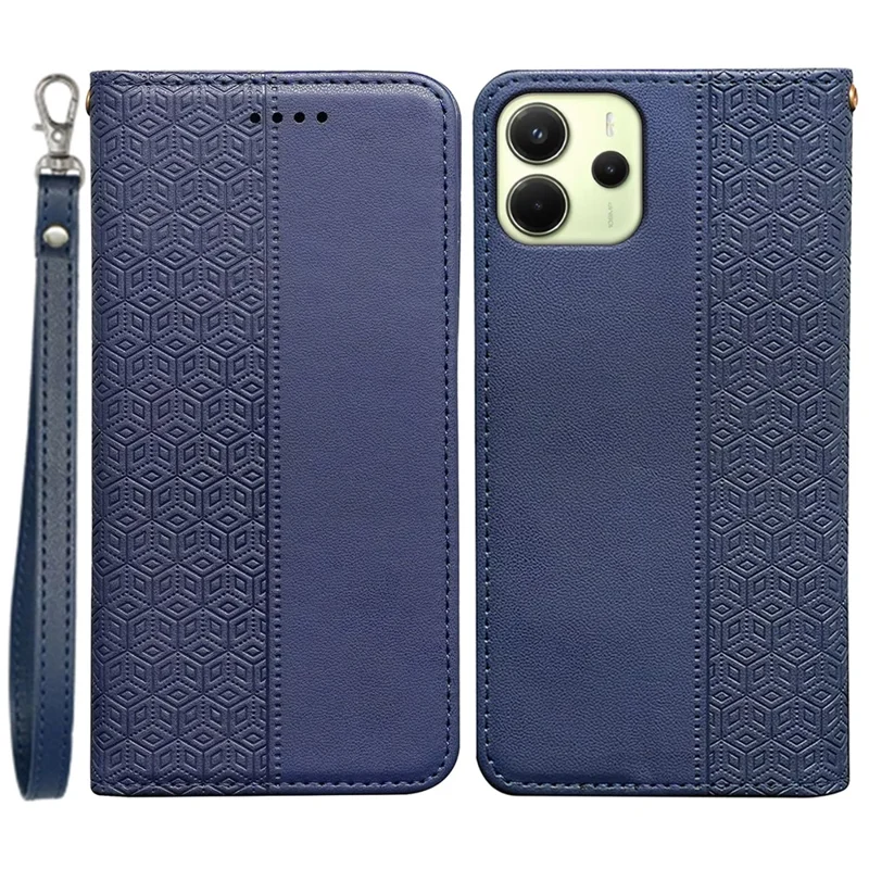 For Xiaomi Redmi Note 14 4G (164.84mm) Wallet Phone Case Checkered Pattern Imprint Leather Flip Cover with Wrist Strap - Blue